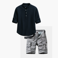 Men's Band Collar Shirt and Cargo Shorts Set