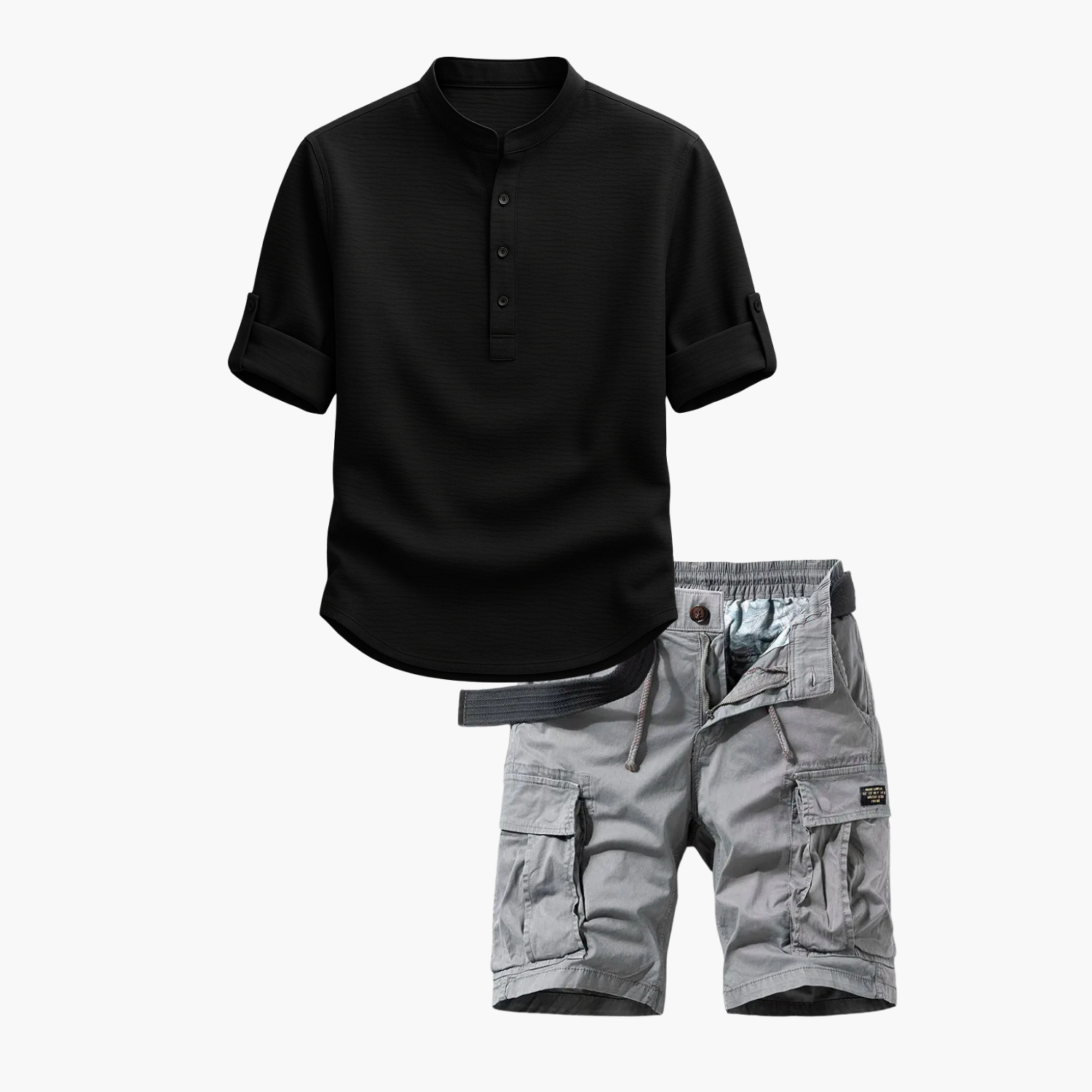Men's Band Collar Shirt and Cargo Shorts Set