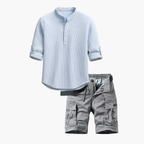 Men's Band Collar Shirt and Cargo Shorts Set