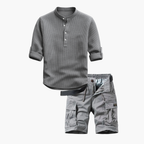 Men's Band Collar Shirt and Cargo Shorts Set