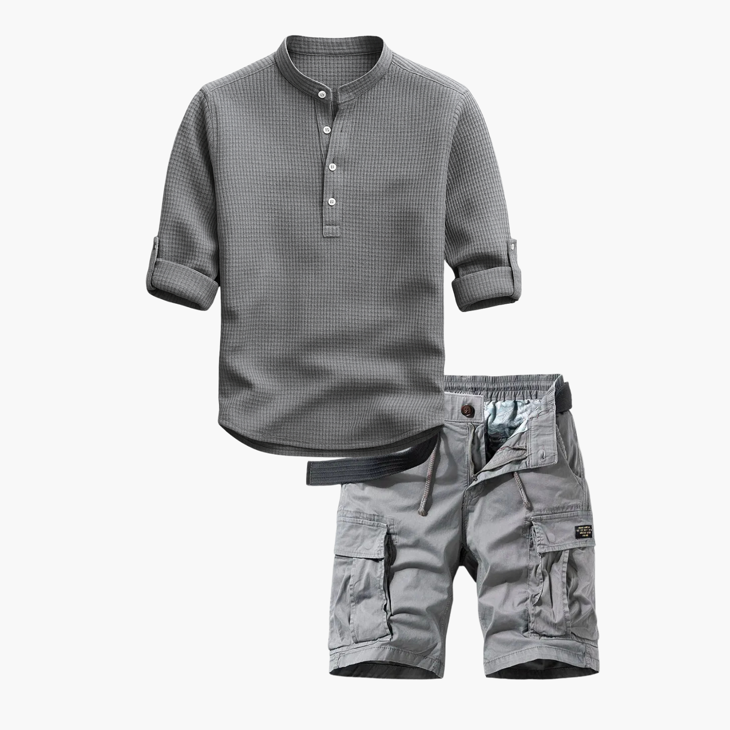 Men's Band Collar Shirt and Cargo Shorts Set