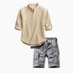 Men's Band Collar Shirt and Cargo Shorts Set