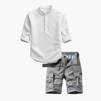 Men's Band Collar Shirt and Cargo Shorts Set