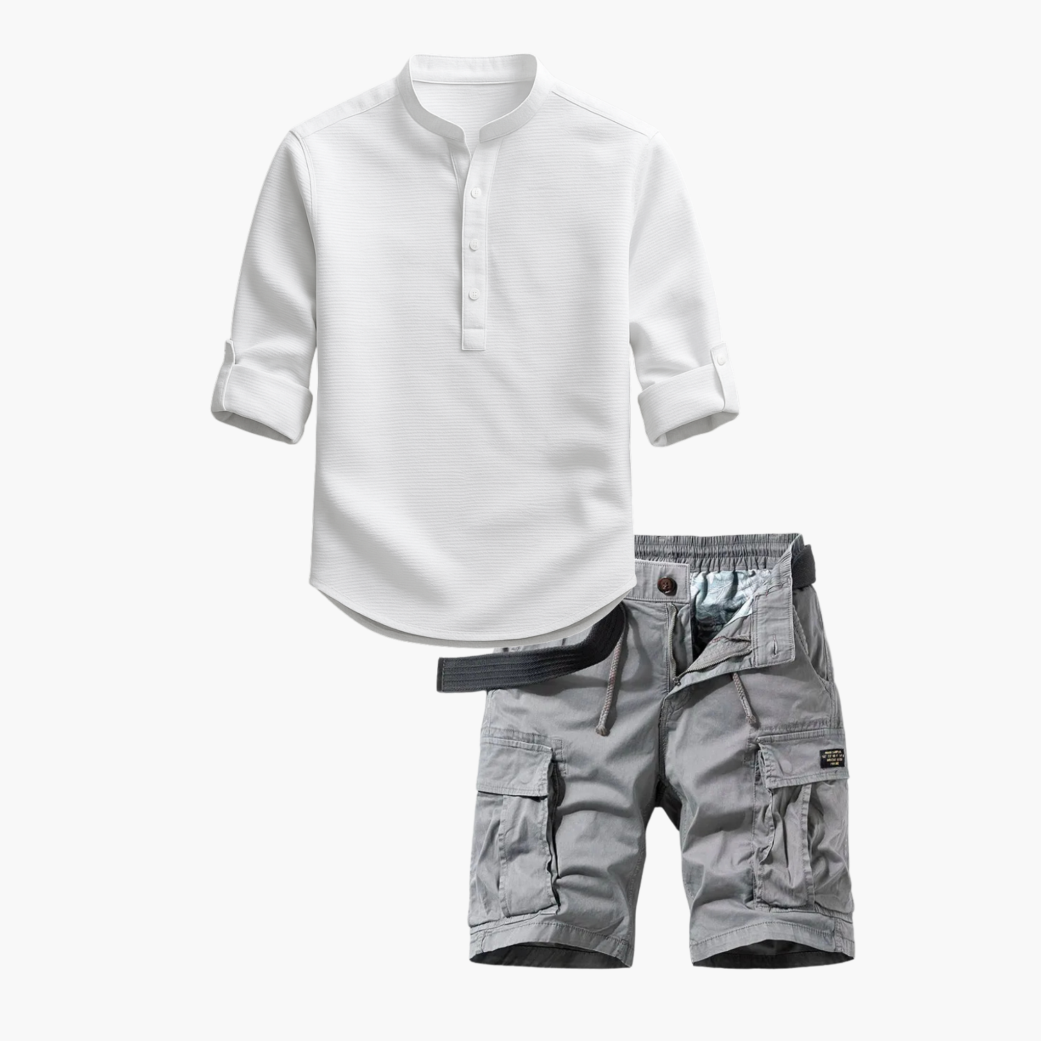 Men's Band Collar Shirt and Cargo Shorts Set