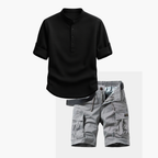 Men's Band Collar Shirt and Cargo Shorts Set