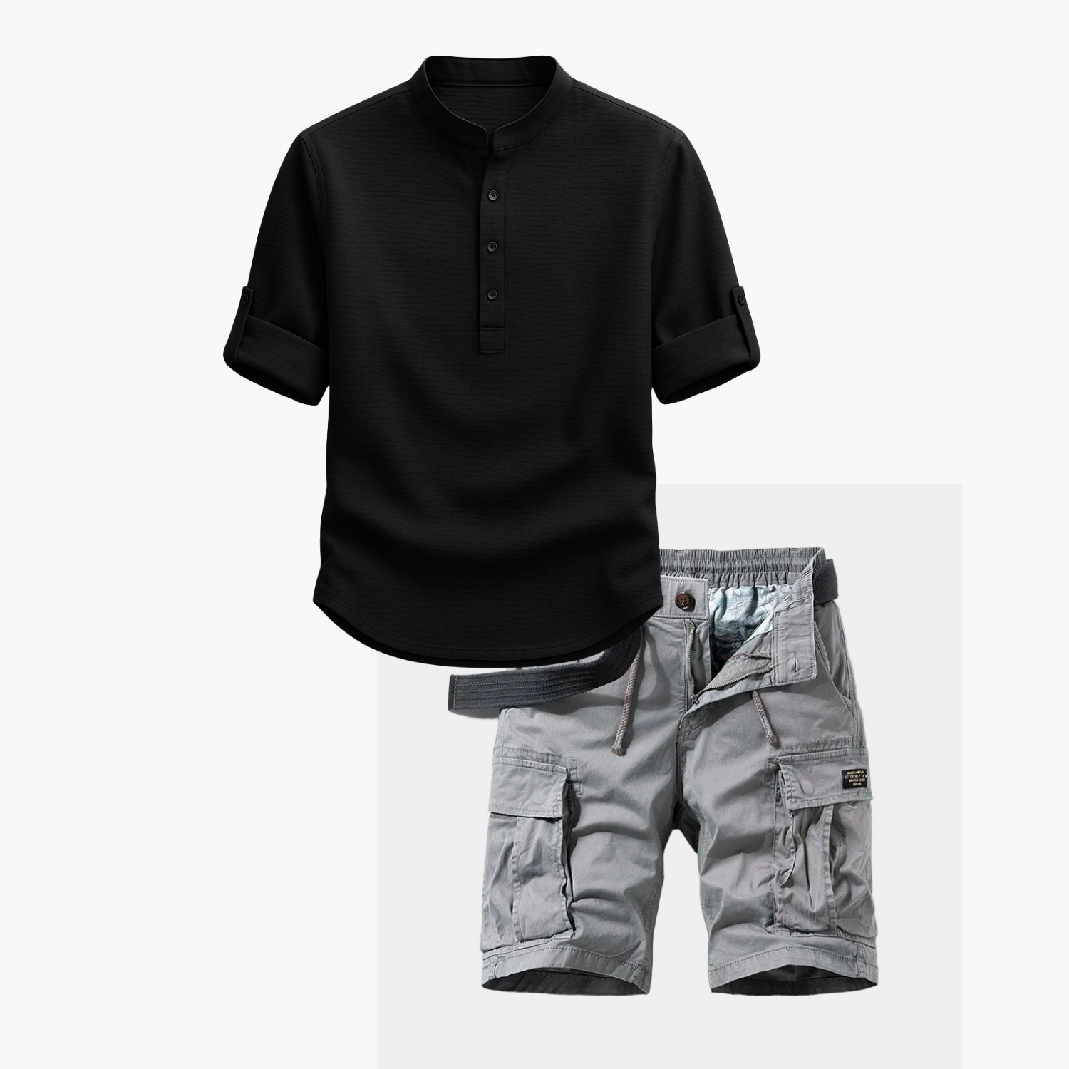 Men's Band Collar Shirt and Cargo Shorts Set