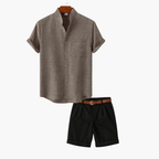 Men's Band Collar Shirt and Flat Front Shorts Set