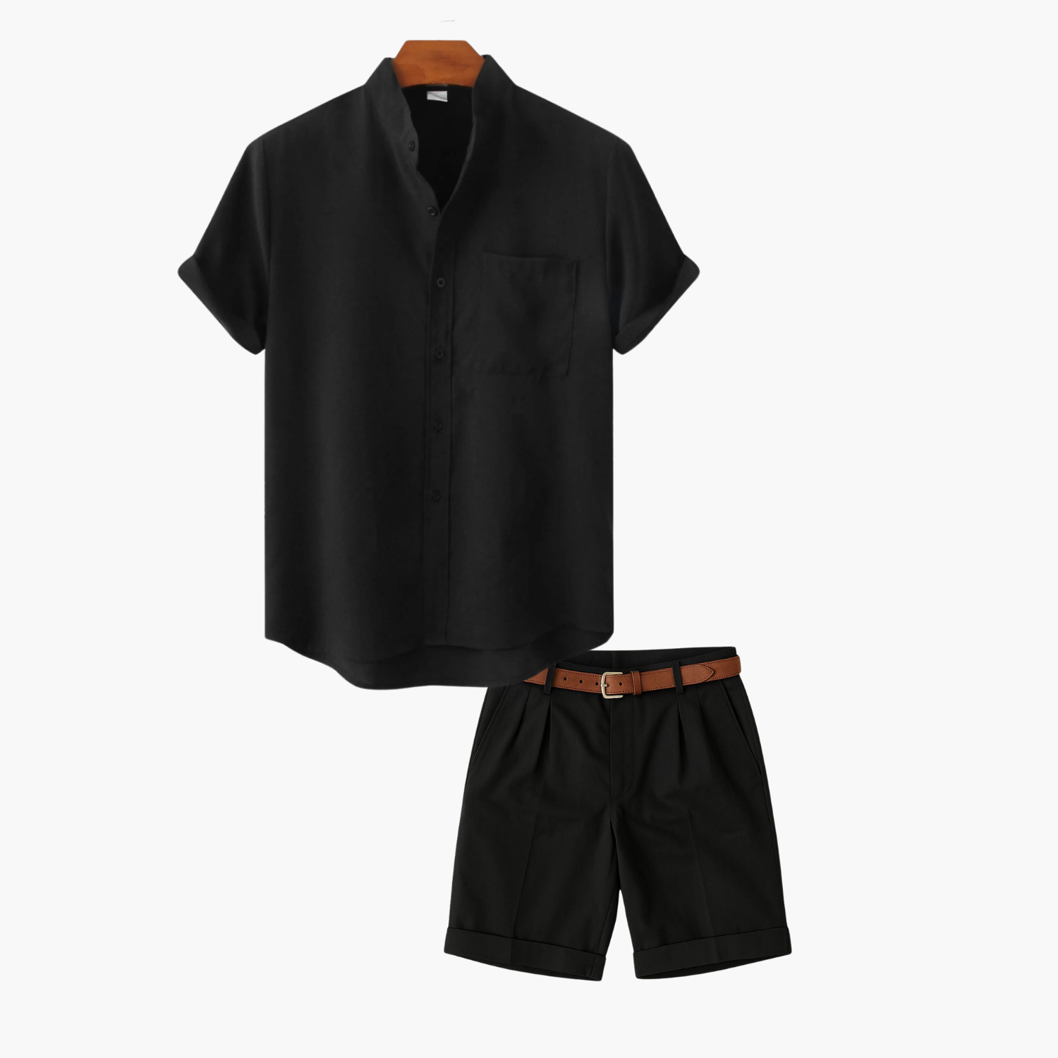 Men's Band Collar Shirt and Flat Front Shorts Set