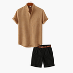 Men's Band Collar Shirt and Flat Front Shorts Set