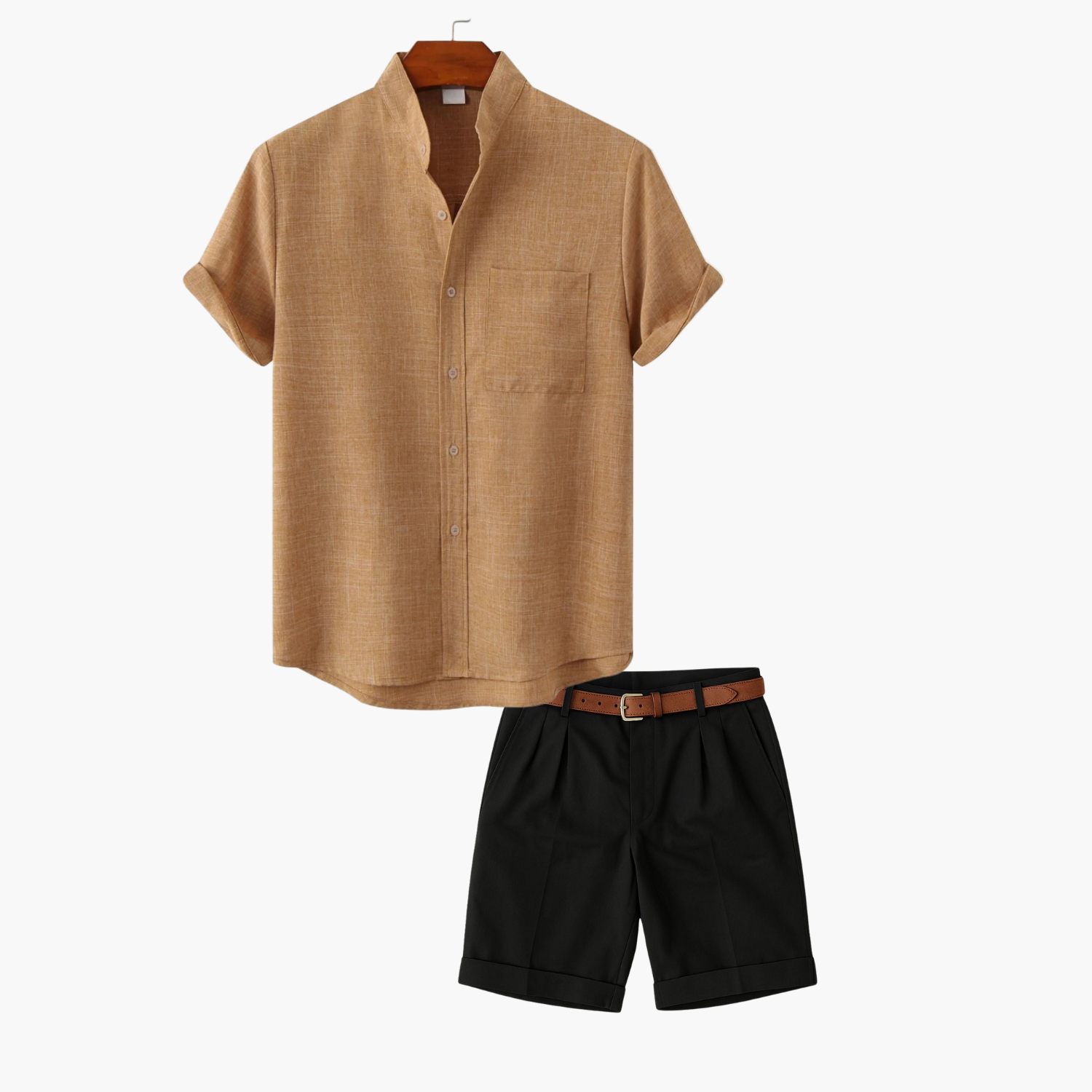 Men's Band Collar Shirt and Flat Front Shorts Set