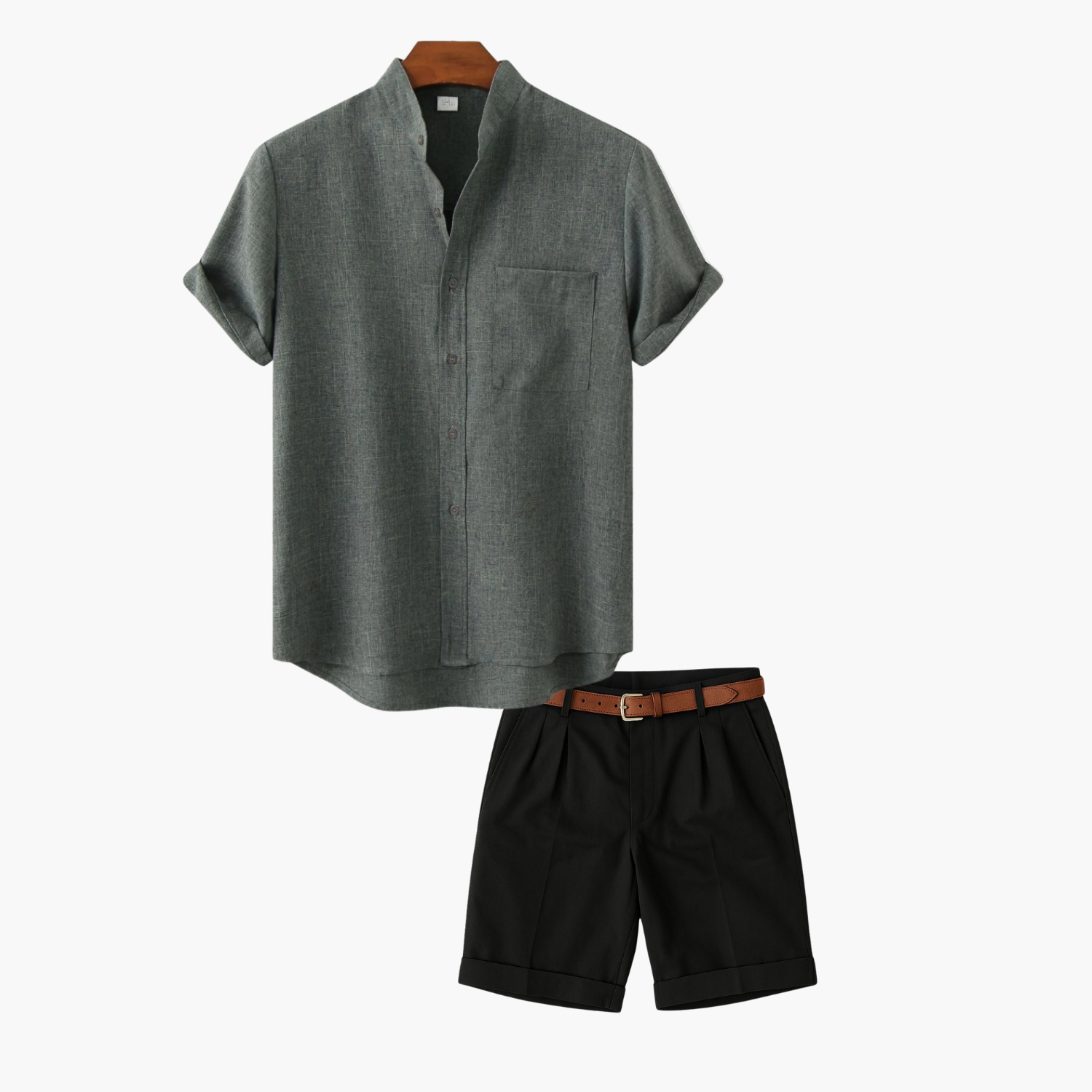 Men's Band Collar Shirt and Flat Front Shorts Set