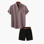 Men's Band Collar Shirt and Flat Front Shorts Set