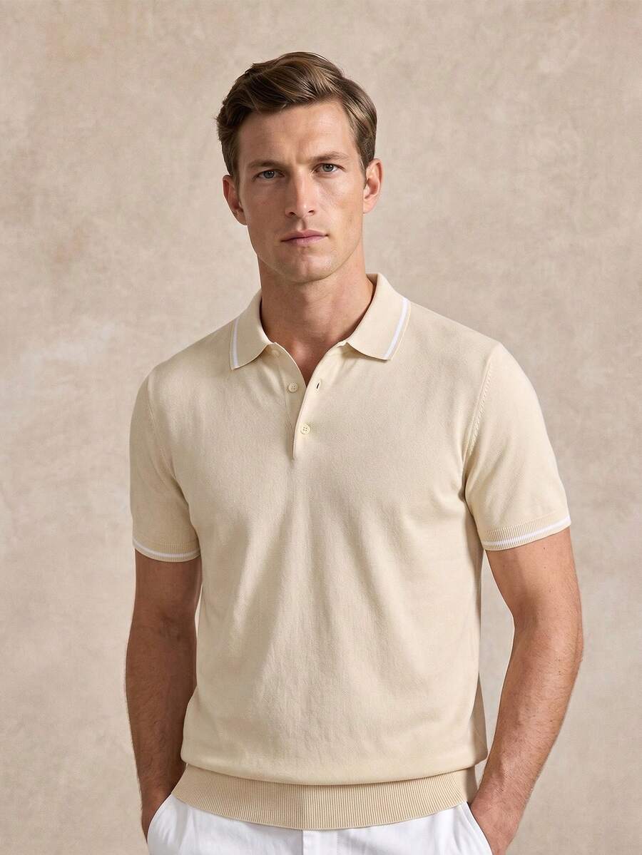 Men's Button Placket Ribbed Collar Polo Shirt