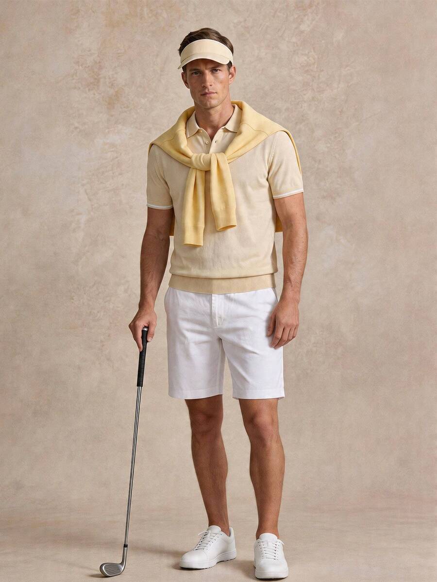 Men's Button Placket Ribbed Collar Polo Shirt
