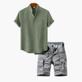 Men's Button-Up Mandarin Shirt and Cargo Shorts Set