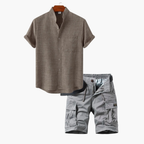 Men's Button-Up Mandarin Shirt and Cargo Shorts Set
