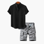 Men's Button-Up Mandarin Shirt and Cargo Shorts Set