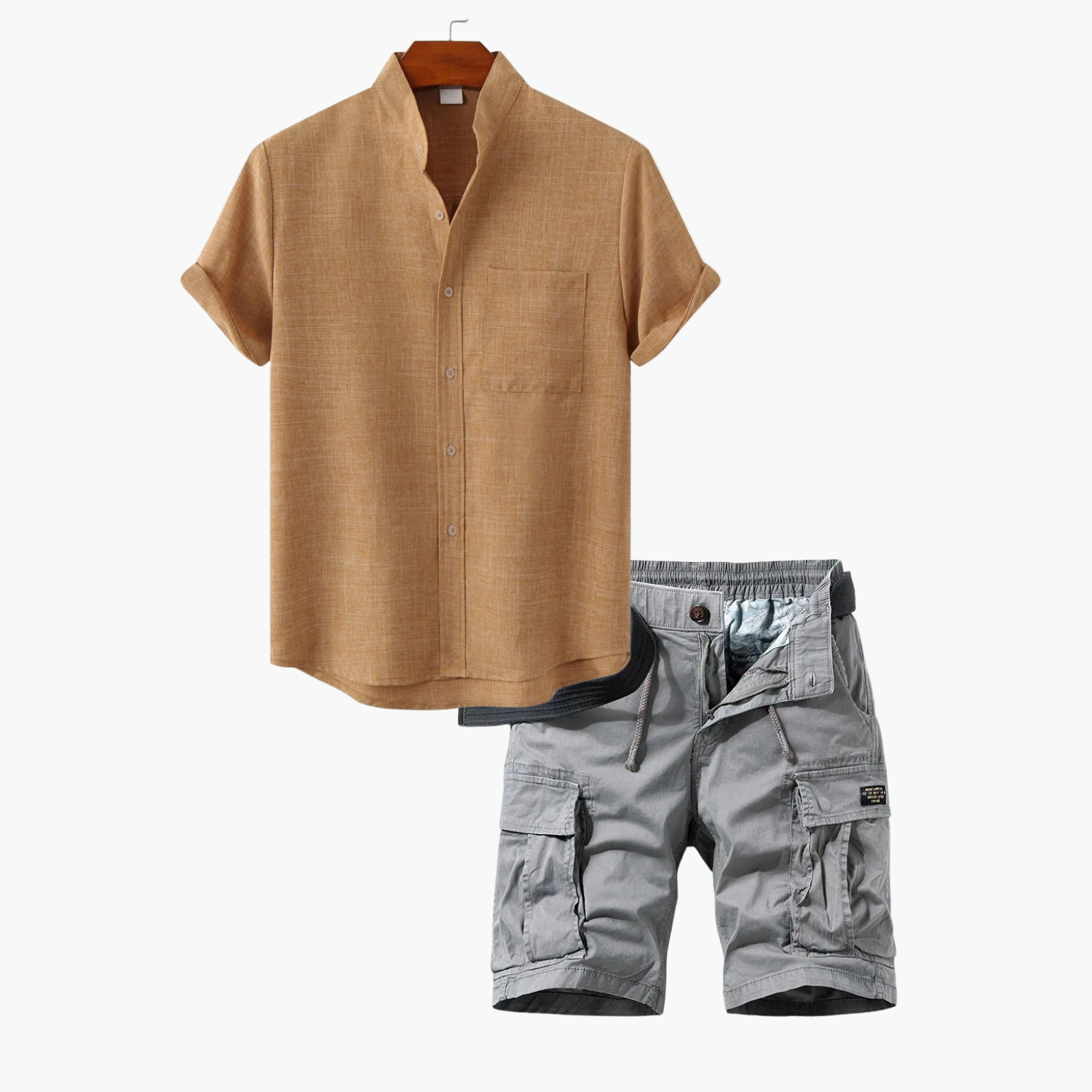 Men's Button-Up Mandarin Shirt and Cargo Shorts Set