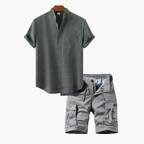 Men's Button-Up Mandarin Shirt and Cargo Shorts Set