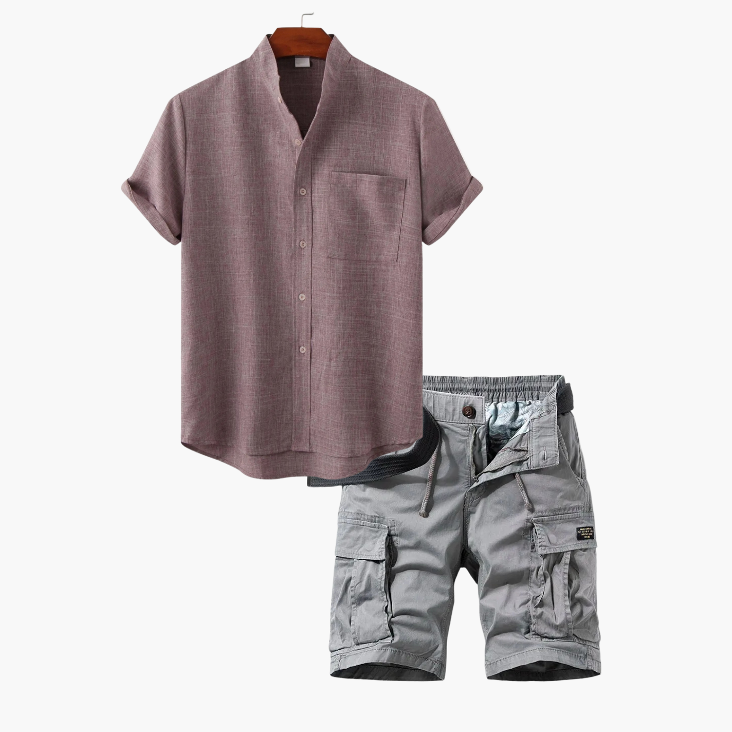 Men's Button-Up Mandarin Shirt and Cargo Shorts Set