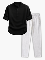 Men's Buttoned Mandarin Collar Shirt and Pants Set