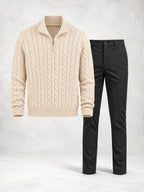 Men's Cable Knit Quarter-Zip Sweater & Pants Set