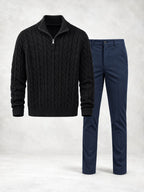 Men's Cable Knit Quarter-Zip Sweater & Pants Set