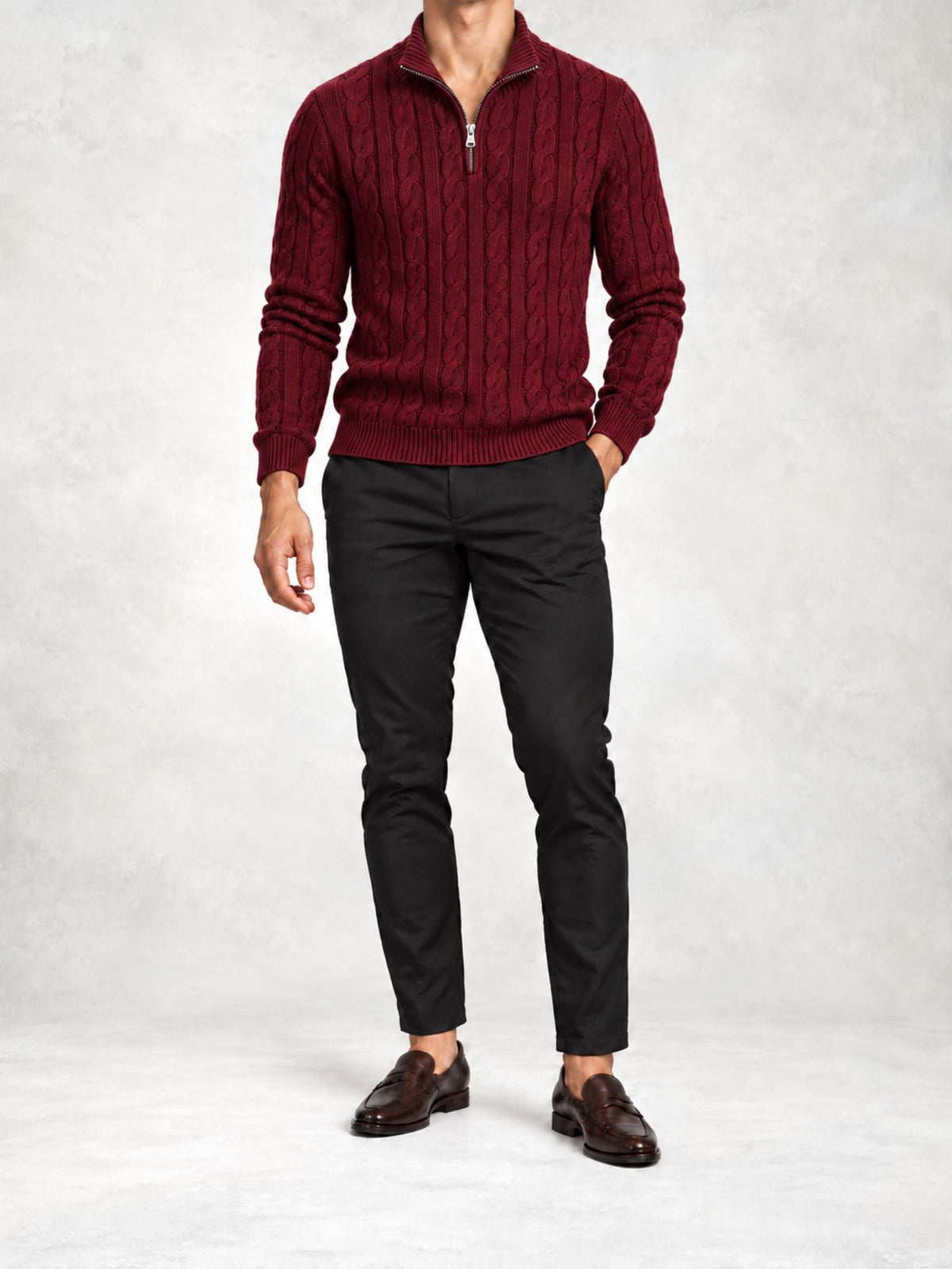 Men's Cable Knit Half-Zip Sweater and Slim Pants Set