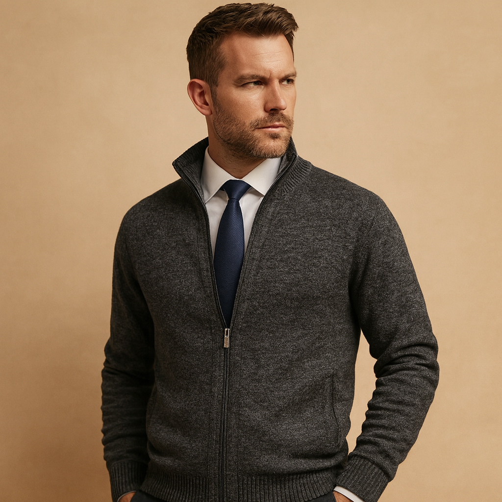 Men's High Collar Zip-Up Cardigan