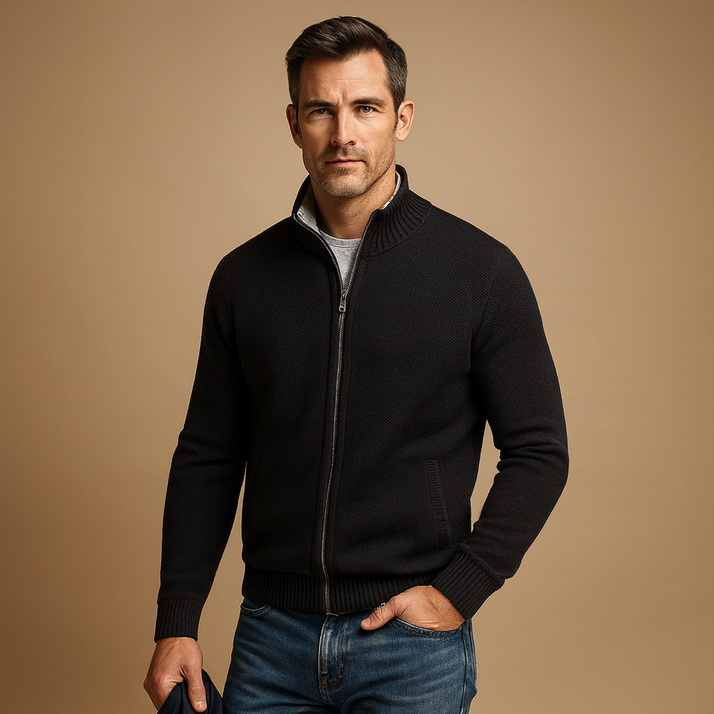 Men's High Collar Zip-Up Cardigan