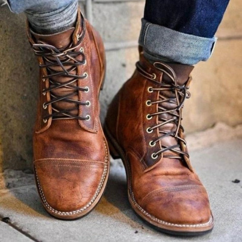 Men's Leather Cap-Toe Lace-Up Ankle Boots