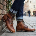 Men's Leather Cap-Toe Lace-Up Ankle Boots