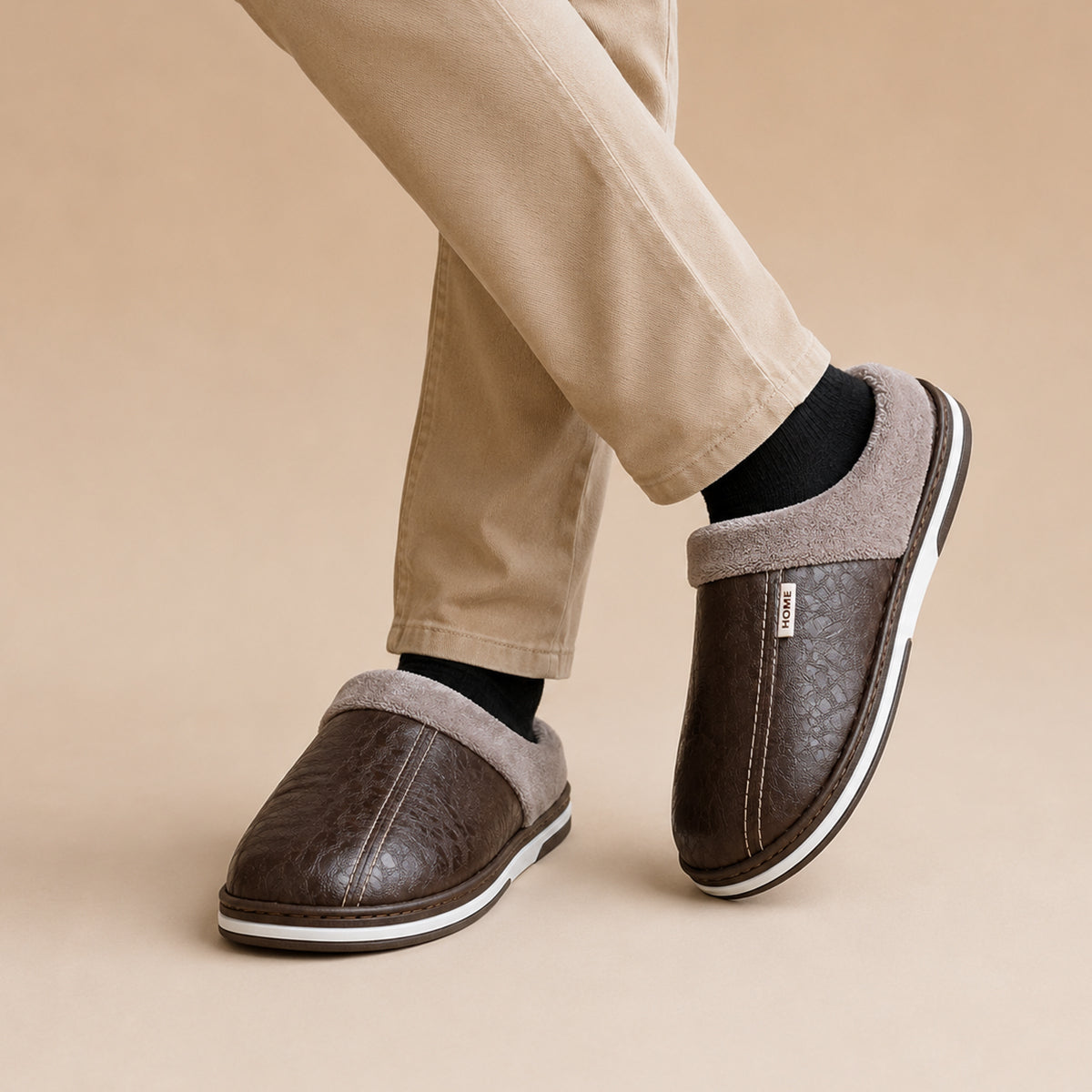 Men's Leather Faux-Fur-Lined Slippers