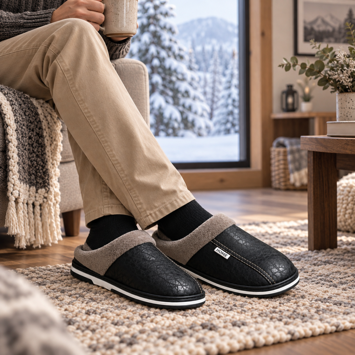 Men's Leather Faux-Fur-Lined Slippers