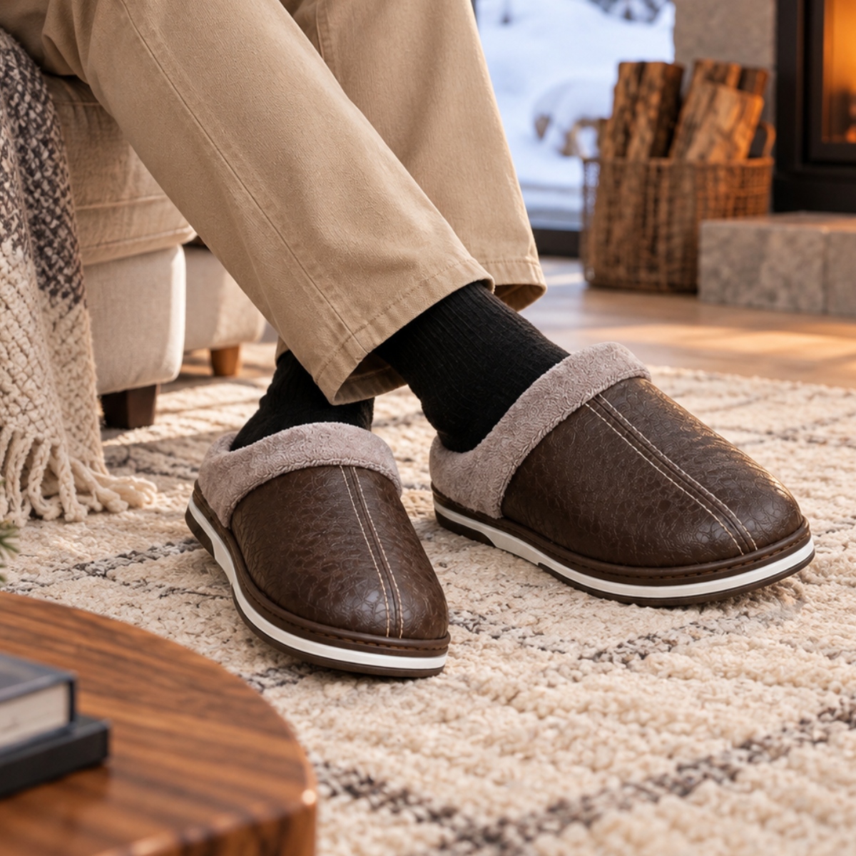 Men's Leather Faux-Fur-Lined Slippers