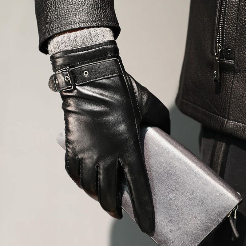 Men's Leather-Look Buckle Strap Gloves