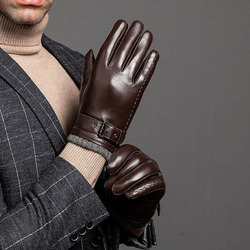 Men's Leather-Look Buckle Strap Gloves