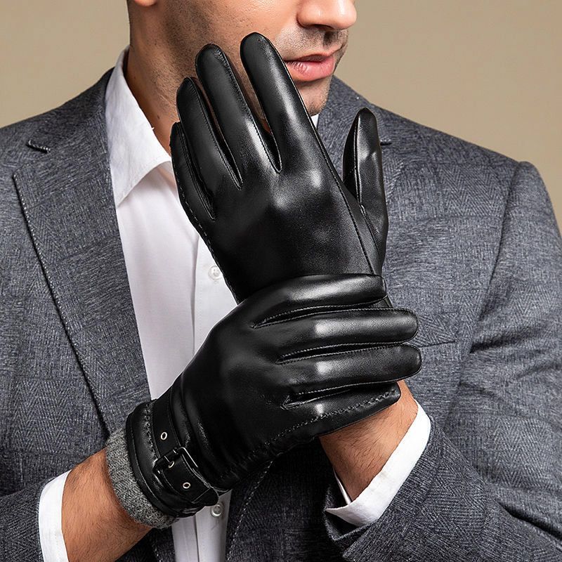 Men's Leather-Look Buckle Strap Gloves