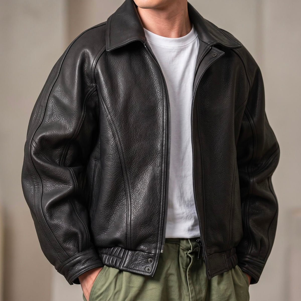 Men's Leather-Look Full-Zip Bomber Jacket