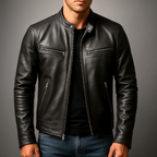 Men's Leather-Look Full-Zip Mandarin Collar Jacket