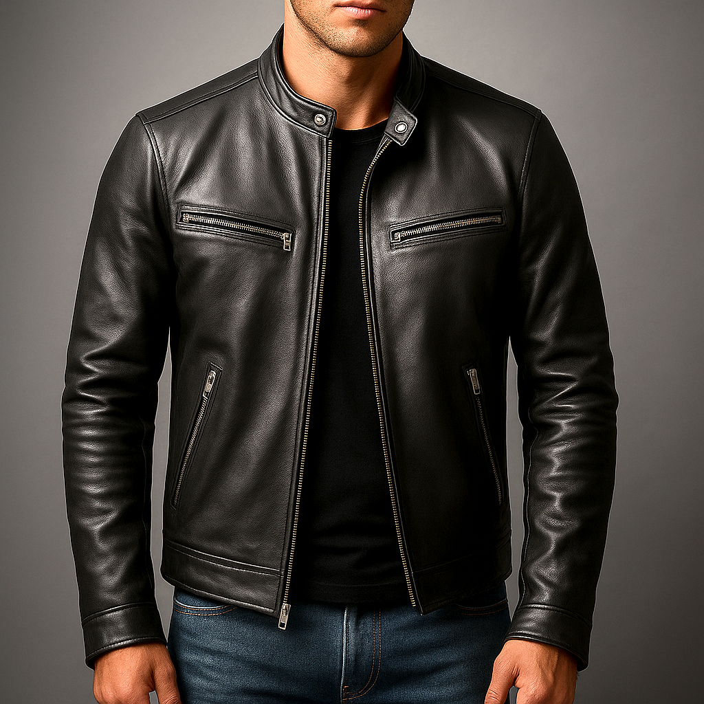 Men's Leather-Look Full-Zip Mandarin Collar Jacket