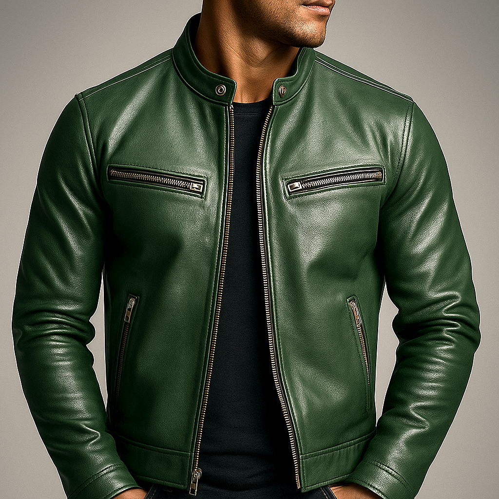 Men's Leather-Look Full-Zip Mandarin Collar Jacket