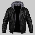 Men's Leather-Look Hooded Bomber Jacket