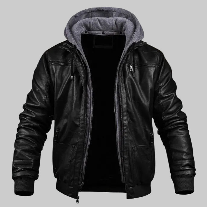Men's Leather-Look Hooded Bomber Jacket