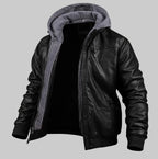 Men's Leather-Look Hooded Bomber Jacket