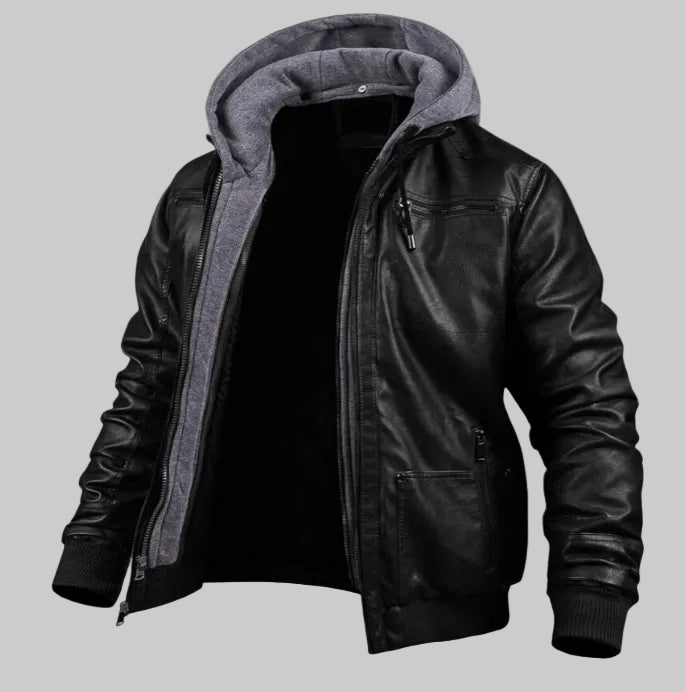Men's Leather-Look Hooded Bomber Jacket