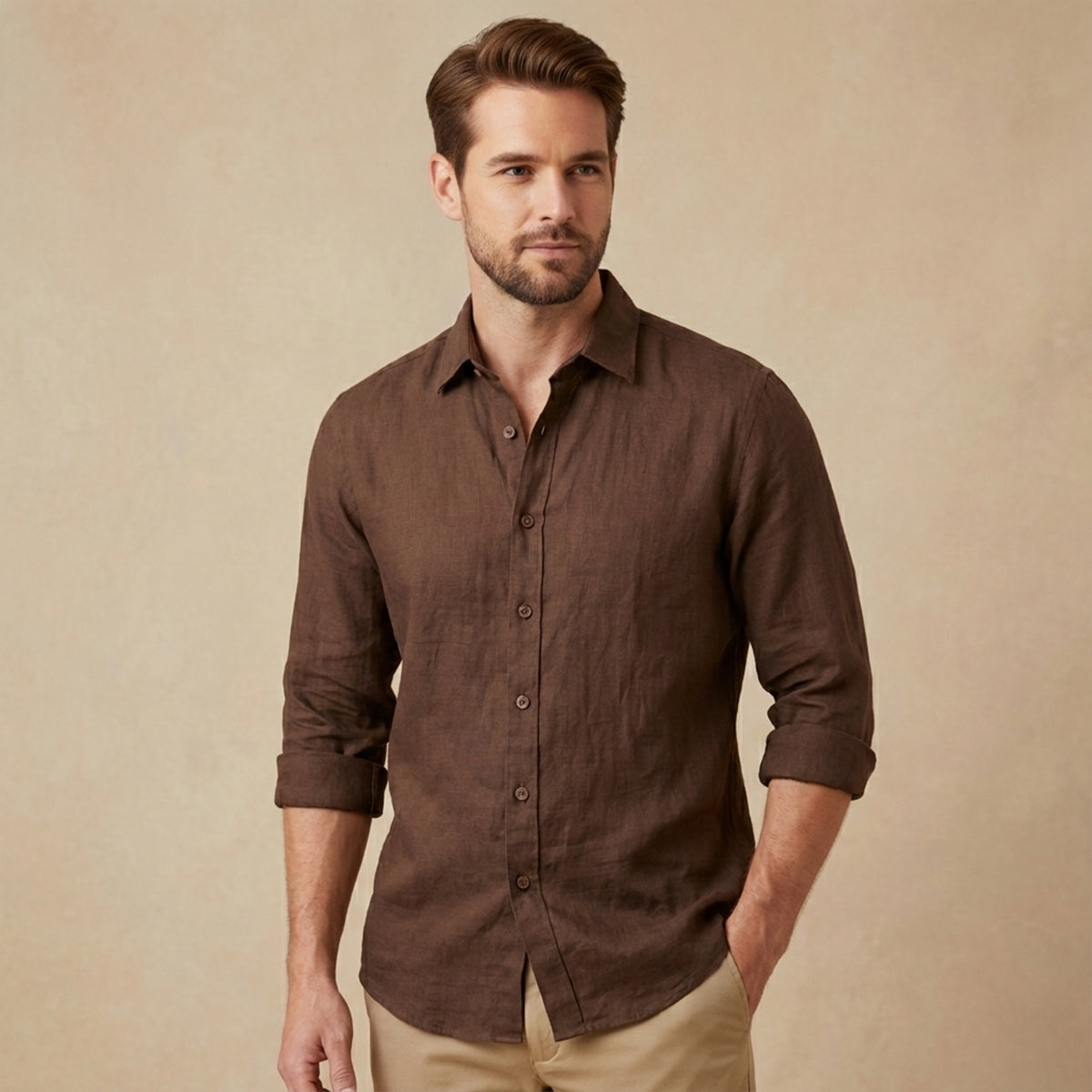 Men's Linen-Look Regular Fit Long Sleeve Shirt