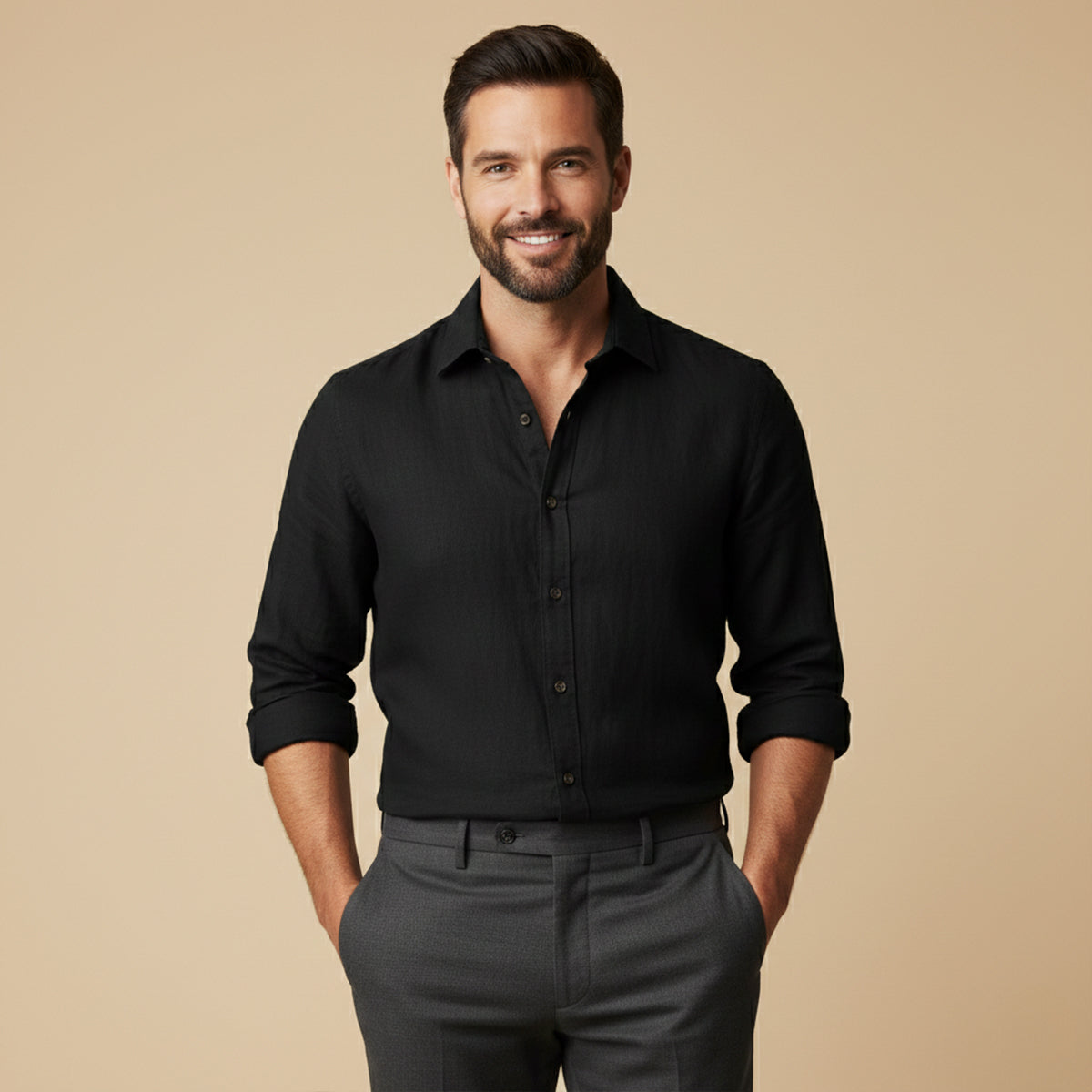 Men's Linen-Look Regular Fit Long Sleeve Shirt