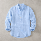 Men's Linen-Look Mandarin Collar Long Sleeve Shirt