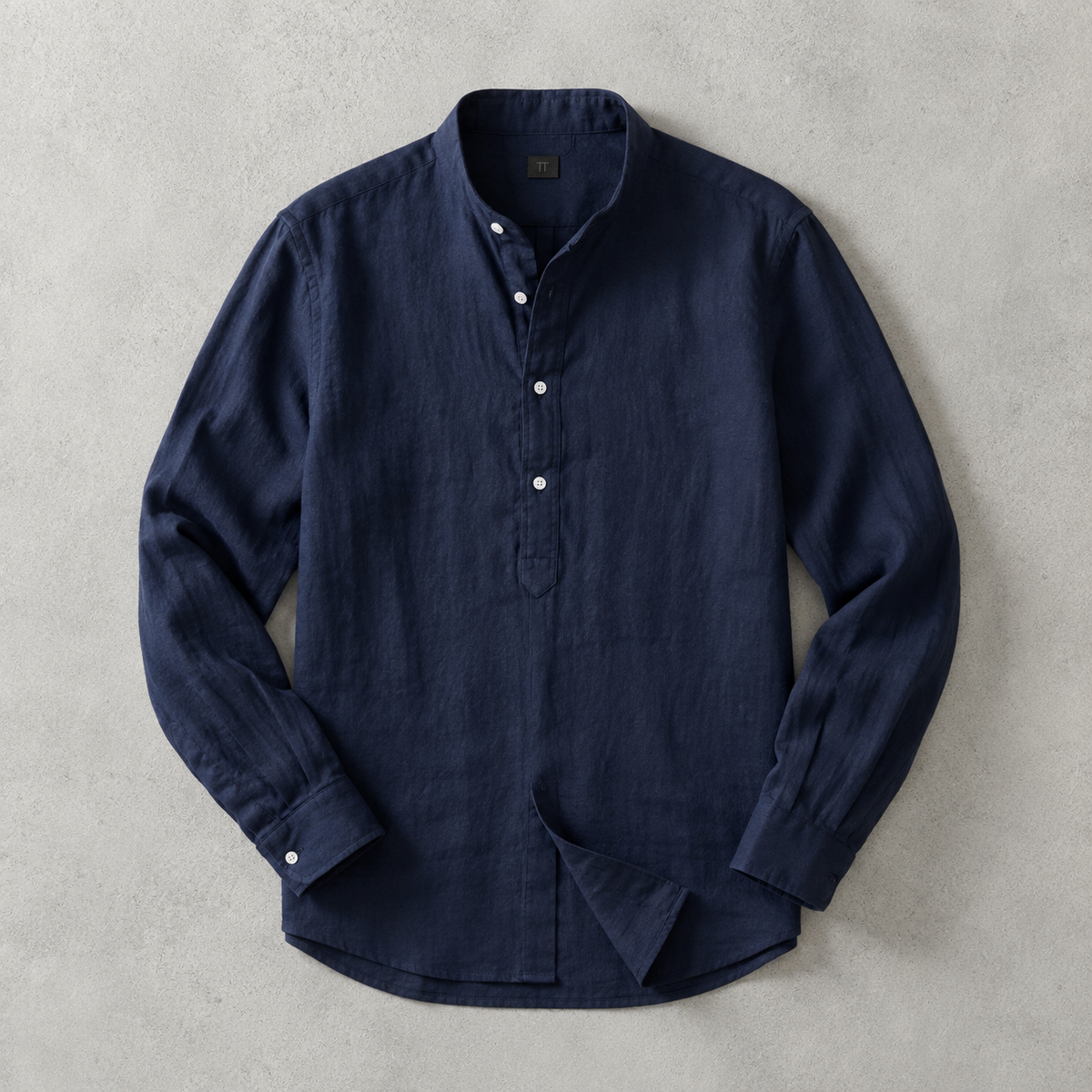 Men's Linen-Look Mandarin Collar Long Sleeve Shirt